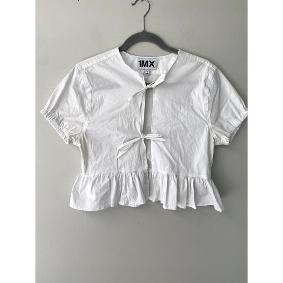 1MX Express White Tie Front Poplin Blouse Womens Sz M - Picture 1 of 5